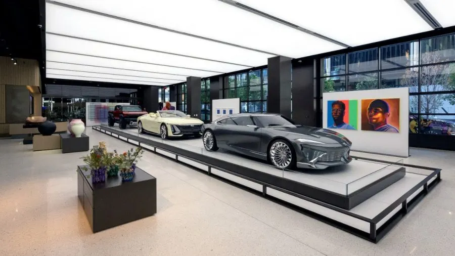 A car showroom exhibition with original portraits on display