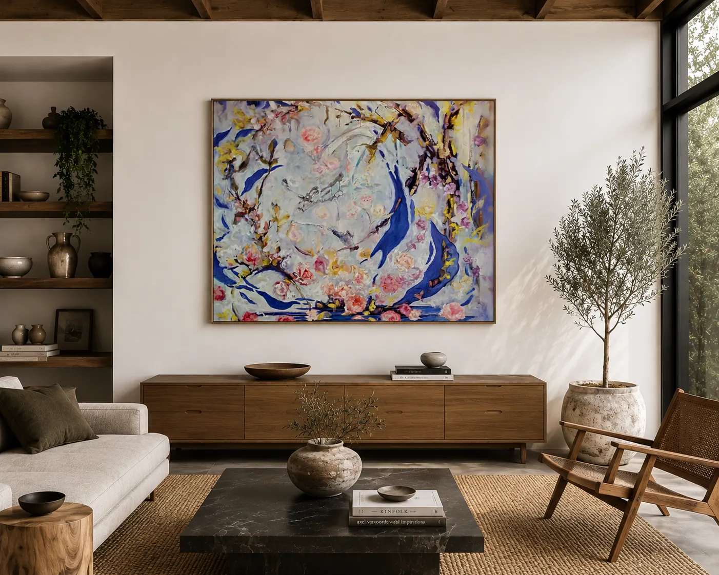 A living room with a large abstract painting above a low wooden console