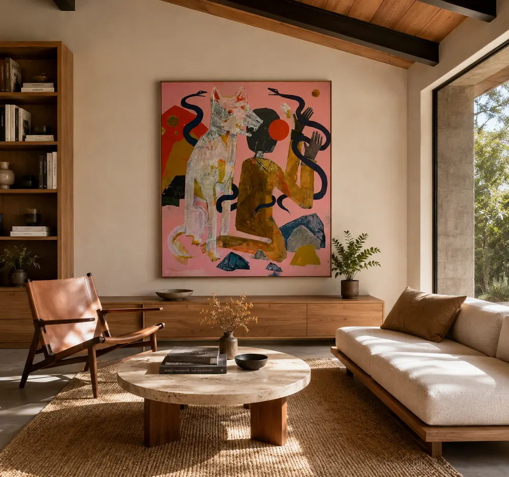 A living room with a colourful figurative painting