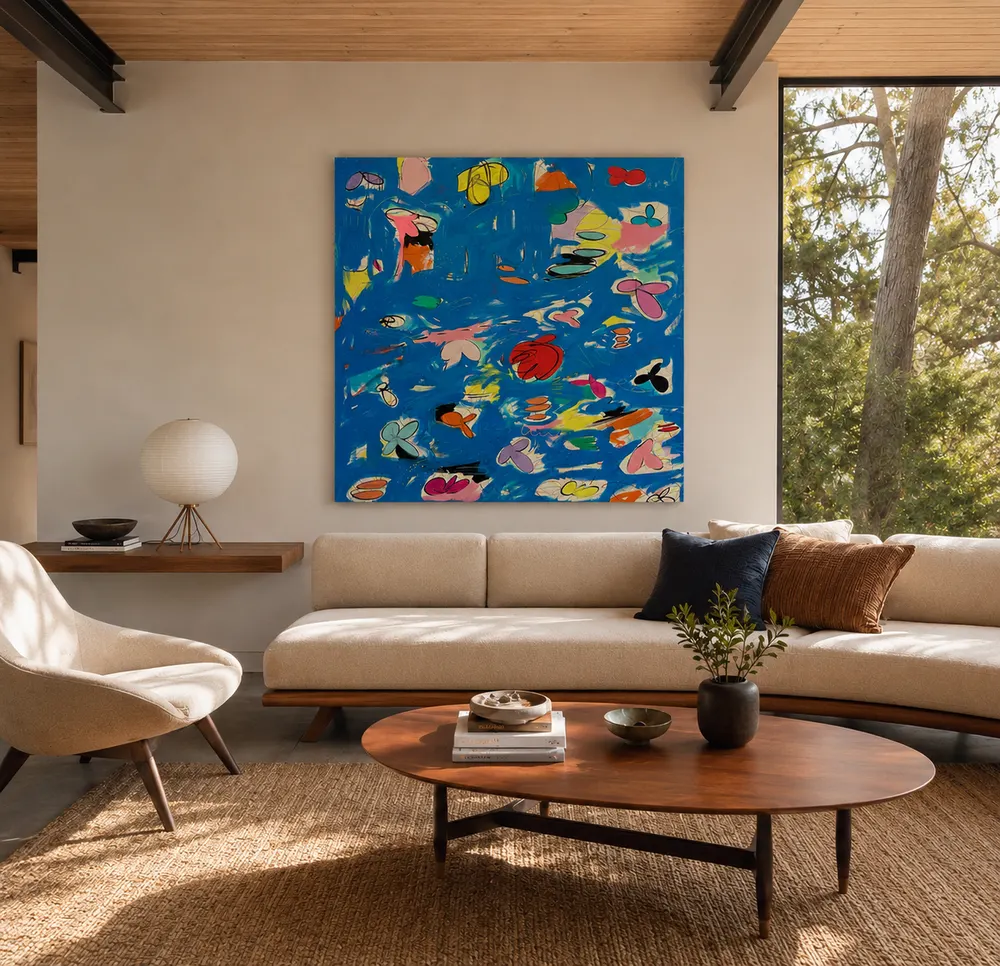 A sunlit room with a blue abstract painting above a sofa