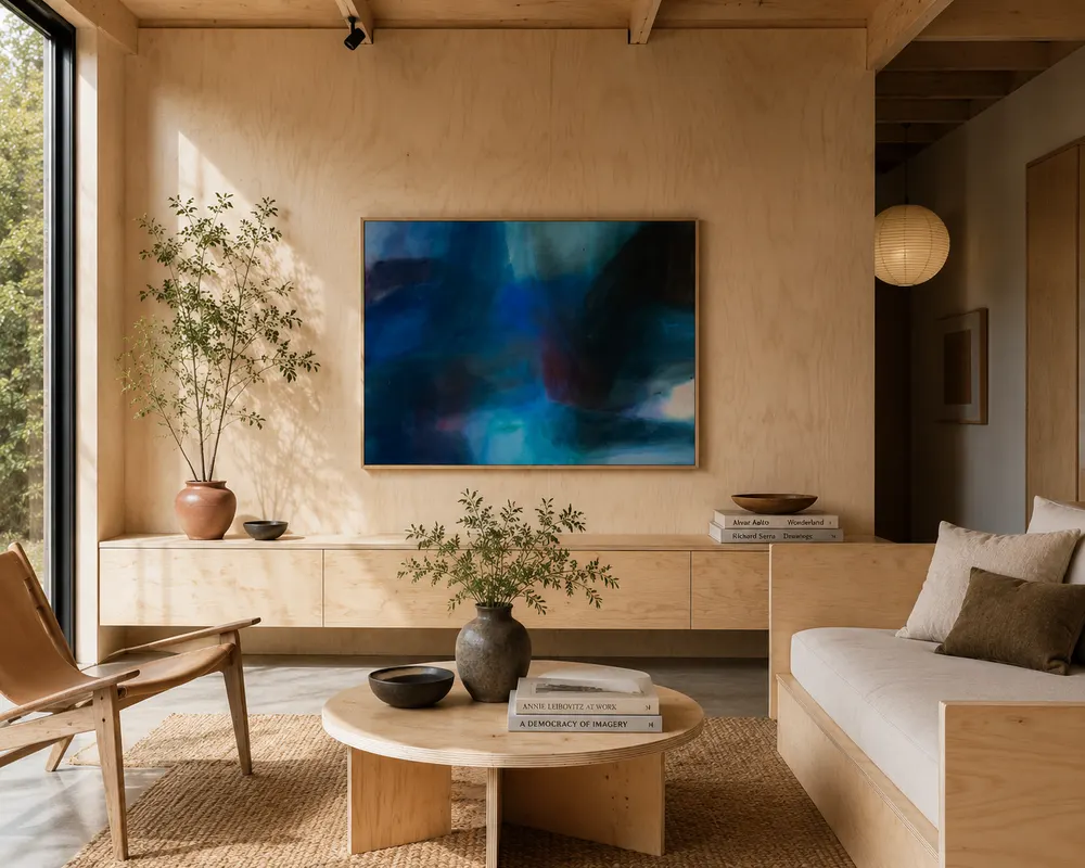 A warm-toned room with a deep blue painting