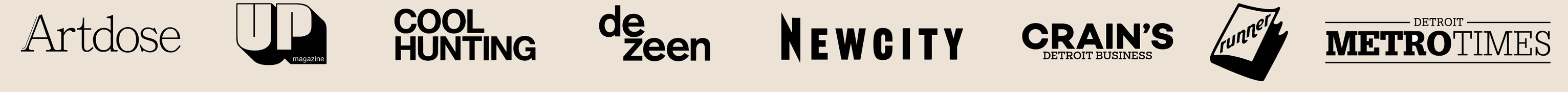 Artdose, UP Magazine, Cool Hunting, Dezeen, Newcity, Crain's Detroit Business, Runner, Detroit Metro Times